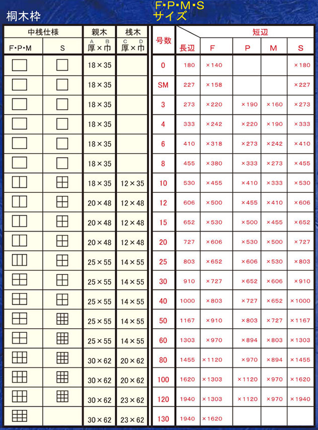 クレサンジャパン　桐木枠　寸法表